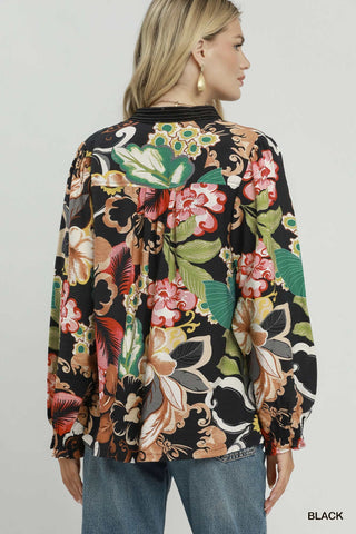 Umgee Floral Print V-Neck Blouse