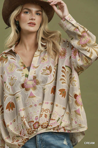 Umgee Floral Print Collared Blouse