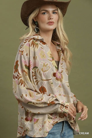 Umgee Floral Print Collared Blouse
