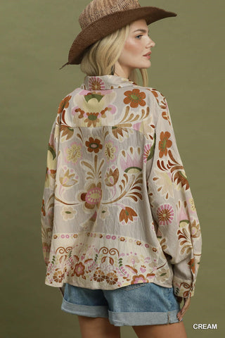 Umgee Floral Print Collared Blouse