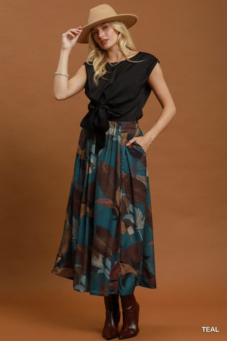 Leafy Print Flowy Maxi Skirt