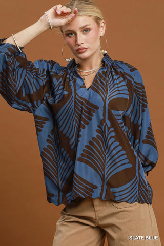 Umgee Abstract Leaf Balloon Sleeve Blouse