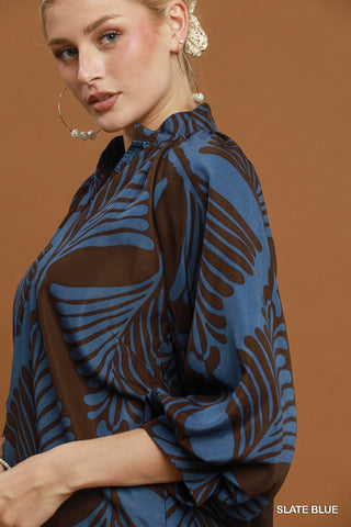 Umgee Abstract Leaf Balloon Sleeve Blouse