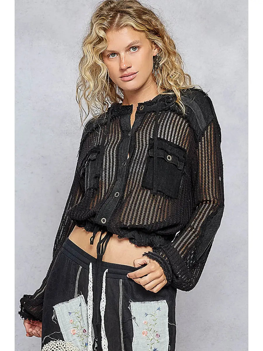 Pol Open Knit Button Down Hooded Top