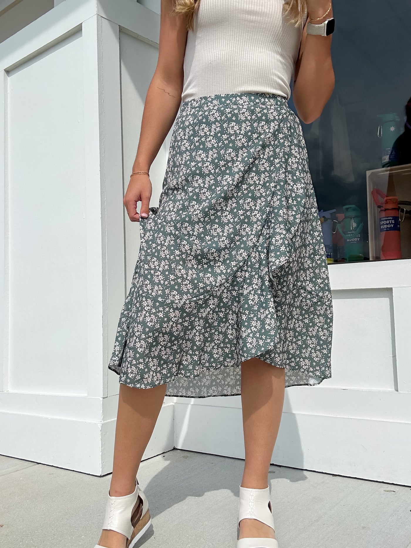 Green Floral Asymmetrical Midi Skirt