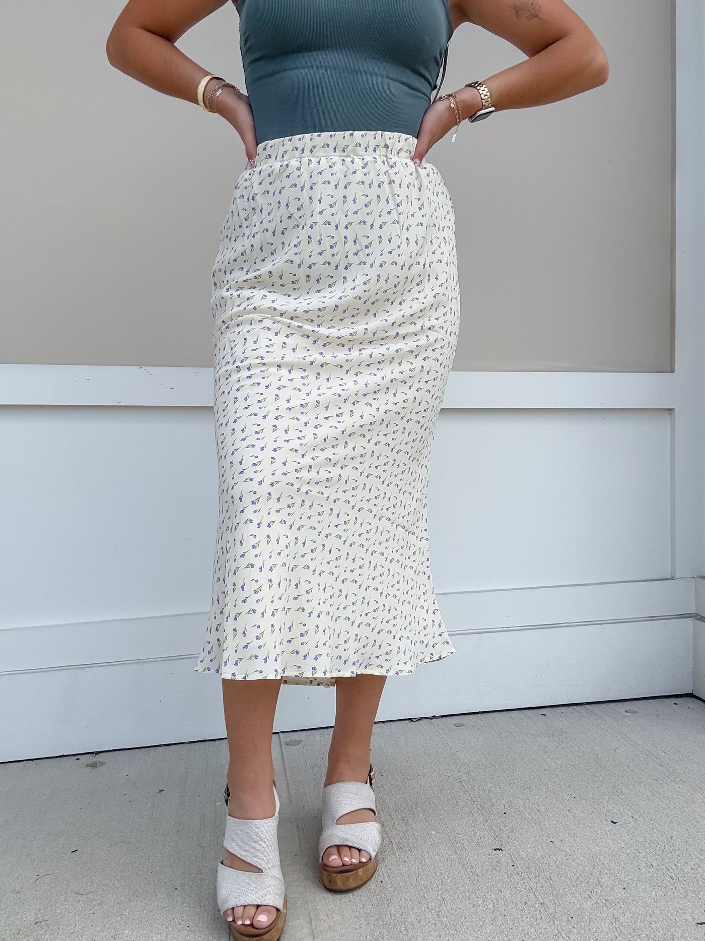 Floral Satin Midi Skirt