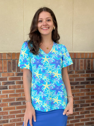 LuLu B Sea Starfish Short Sleeve Frill Top
