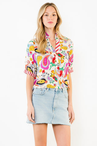 Mixed Print Button Cuff Top