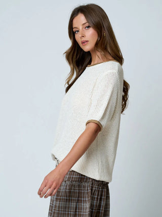 Contest Trim Puff Sleeve Ribbed Knit Sweater