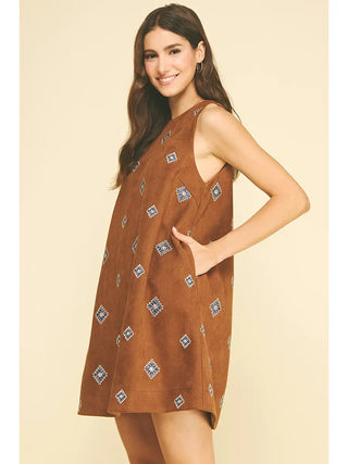 Embroidered Suede A-Line Mini Dress