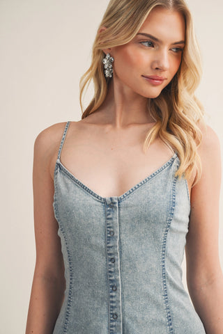Washed Denim Button-Front Fit & Flare Romper
