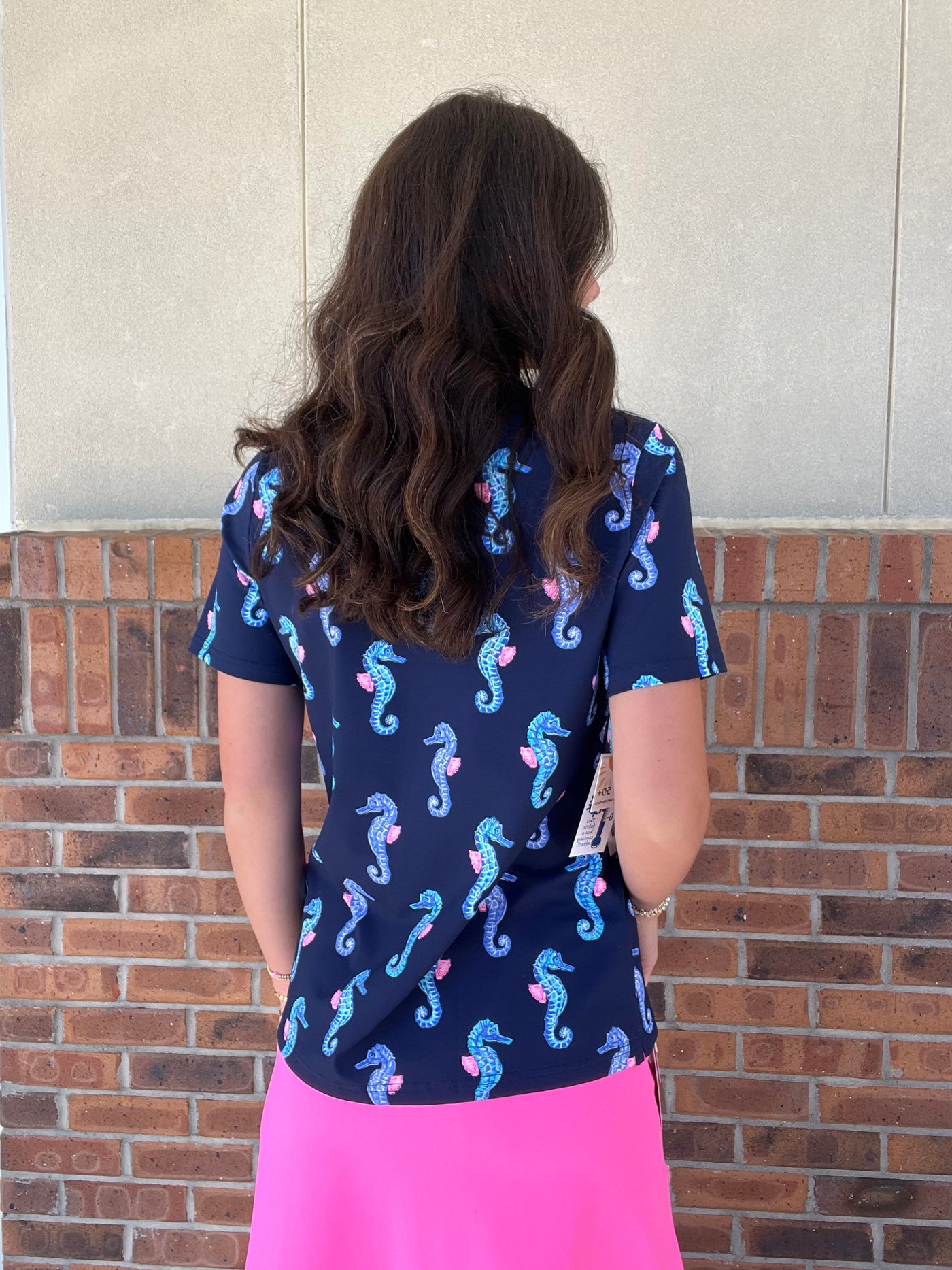 LuLu B Navy Seahorse Short Sleeve Frill Top