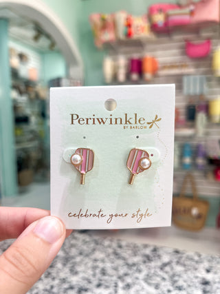 Periwinkle Pink & Pearl Pickleball Earrings