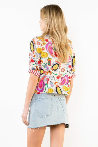 Mixed Print Button Cuff Top