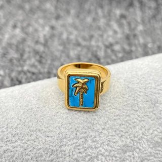 Inlaid Stone 18K Gold Plated Stainless Steel Coconut Tree Ring