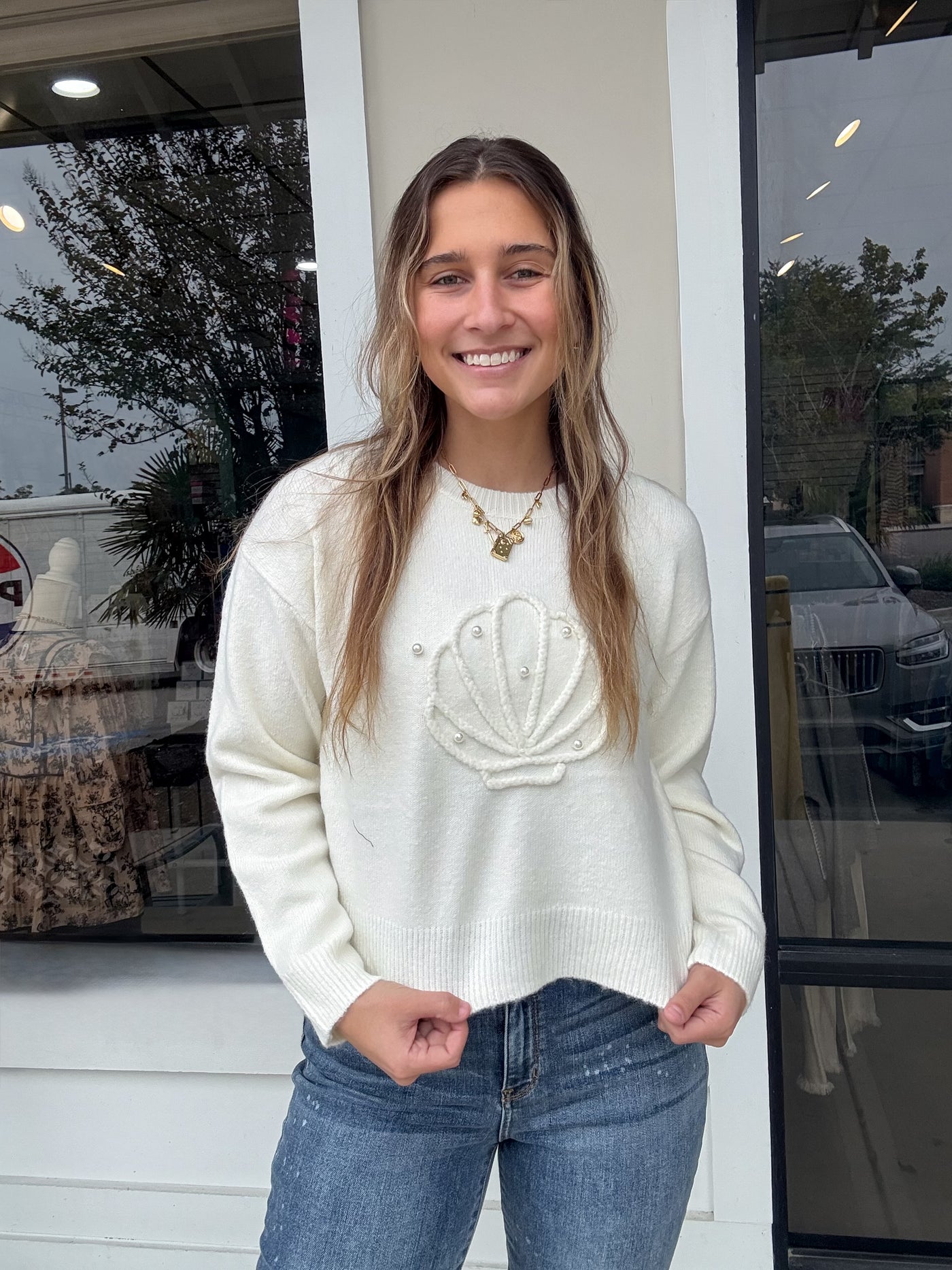 Pearl Embellished Seashell Sweater
