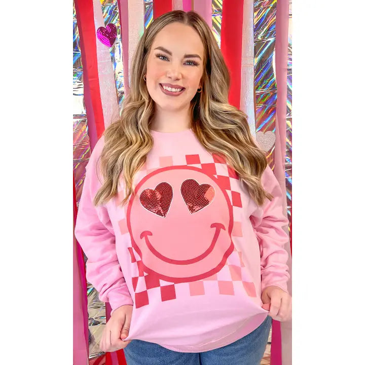 Valentine Sequin Smiley Graphic Sweatshirt