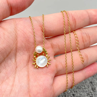 Inlaid Shell Crab w/ Pearl Pendant Necklace