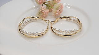 Pearl Decorated Criss Cross Gold Hoop Earrings
