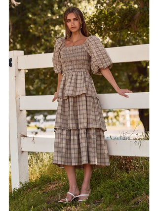 Crinkled Plaid Midi Dress