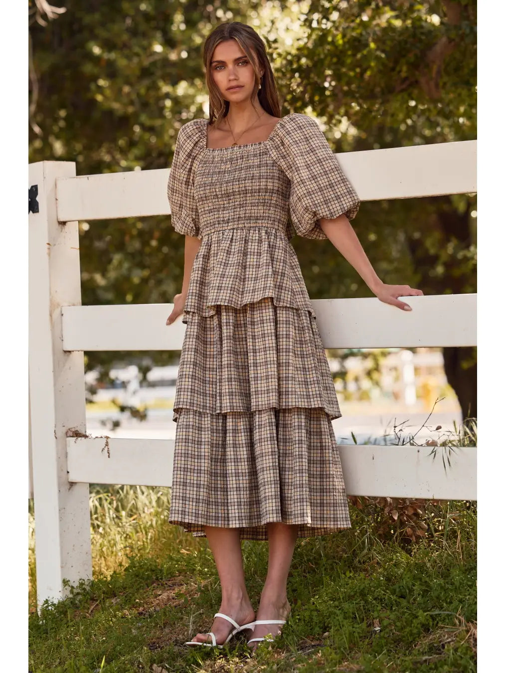 Crinkled Plaid Midi Dress