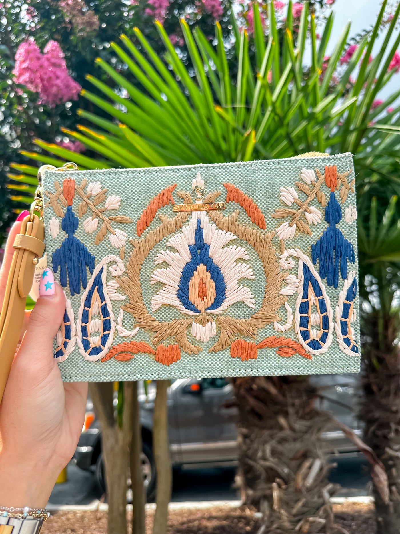 Spartina Sophie Straw Wristlet Kalalanta Ikat Palm Sea Foam