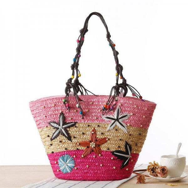 Pink Woven Straw Tote With Hemp Bead Handles