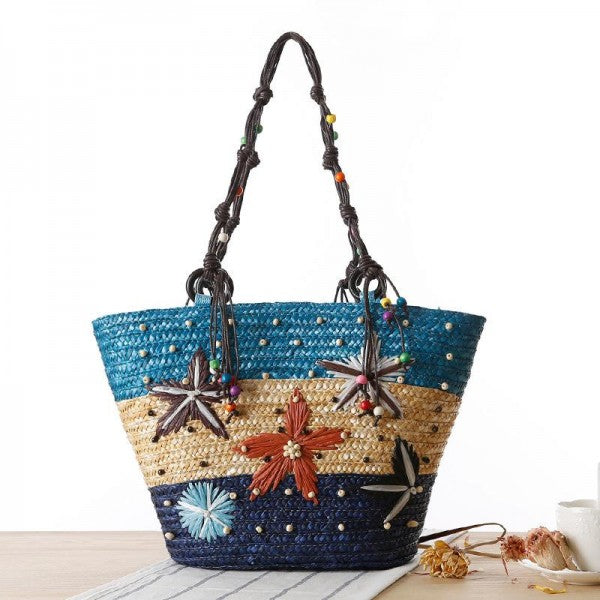 Blue Woven Straw Tote With Hemp Bead Handles