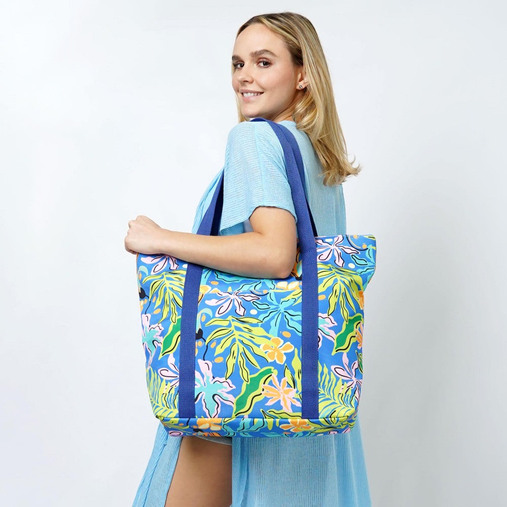 llustrated Palm Leaves Printed Canvas Beach Bag