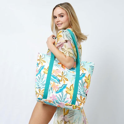 llustrated Palm Leaves Printed Canvas Beach Bag