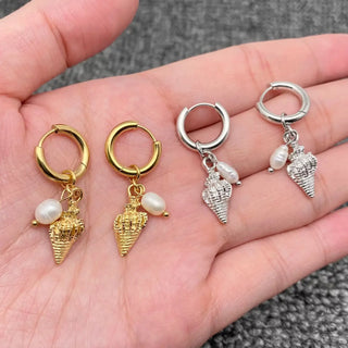 Pearl & Conch Charm Huggie Earrings