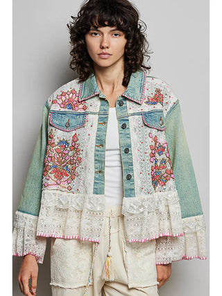 Pol Boho Lace Denim Jacket