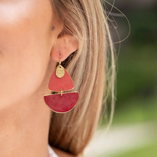 Brass Patina Earrings - Pink Abstract Shapes