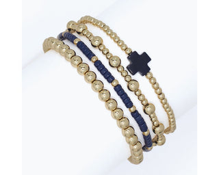 Periwinkle Gold Beaded Strands with Navy Cross