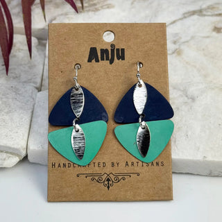 Handcrafted Navy & Teal Patina Mirrored Triangle Earrings