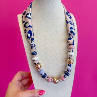 Scarf with Bead Necklace - Pink Leopard