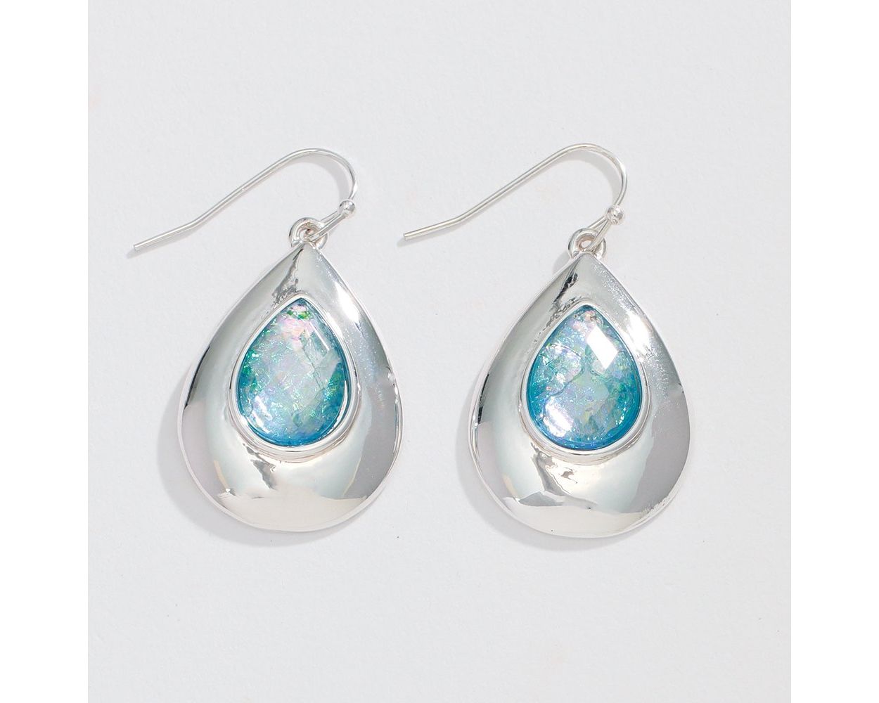 Silver Teardrop With Aqua Periwinkle Earrings