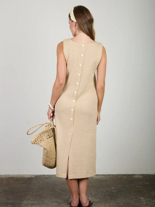 Back Button Detail Sleeveless Knit Midi Dress
