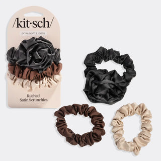 KITSCH Rosette Ruched Satin Scrunchies 3pc Set - Black