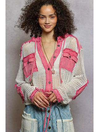 Pol Open Knit Button Down Hooded Top