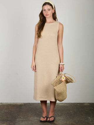 Back Button Detail Sleeveless Knit Midi Dress