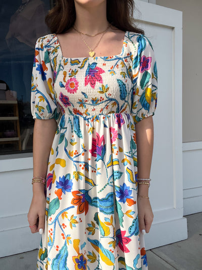 Umgee Floral Print Square Neck Midi Dress