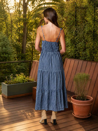 Plaid Front Tie Corset Detail Tiered Midi Dress