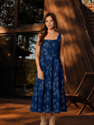 Floral Jacquard Corset Detail Denim Midi Dress