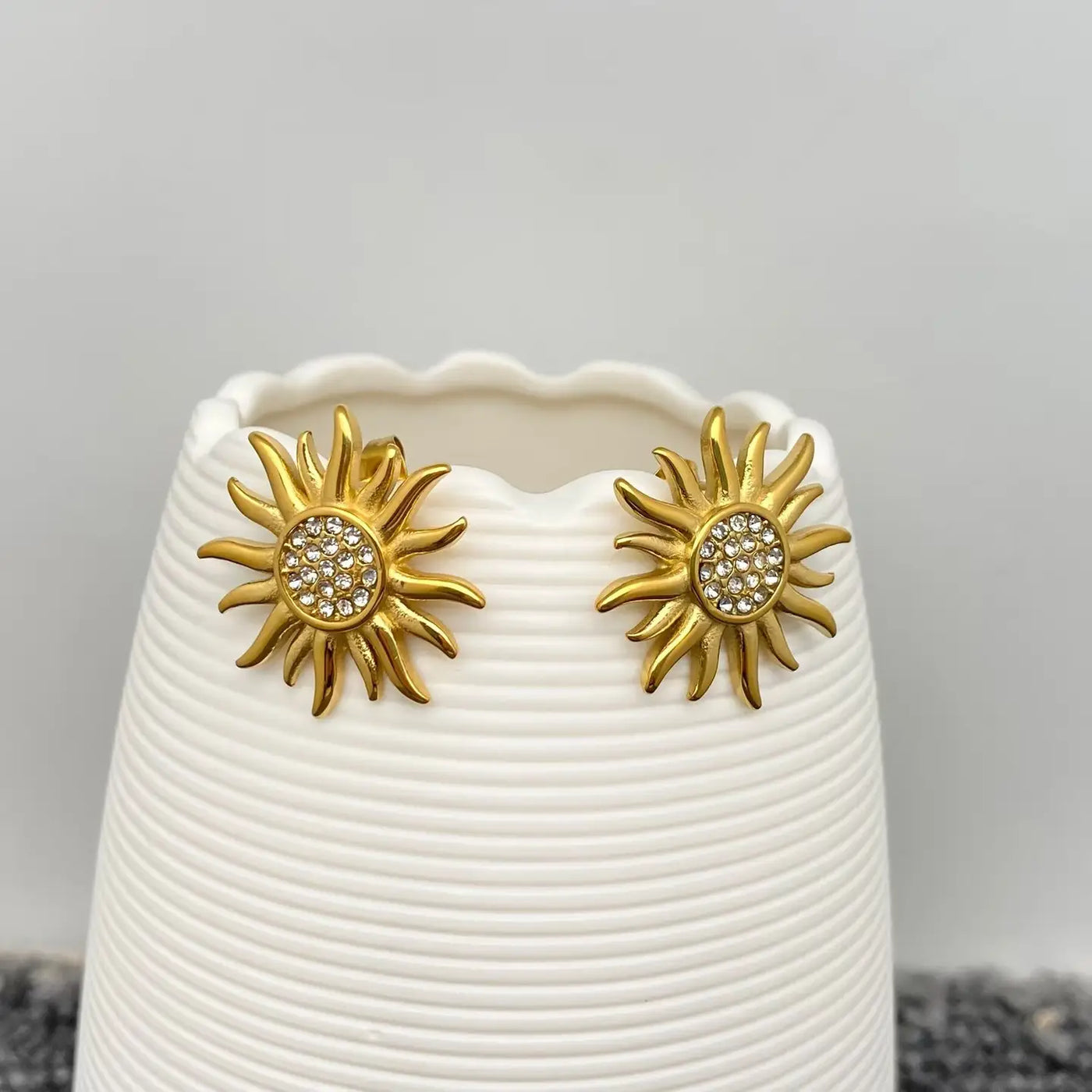 Inlaid Cz 18K Gold Plated Stainless Steel Sun Stud Earrings