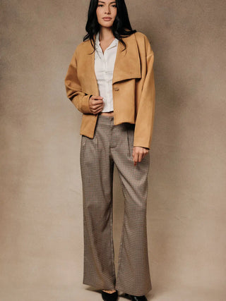High Waist Houndstooth Pleated Wide Leg Dress Pants