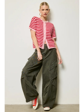 Striped Short Sleeve Knit Cardigan