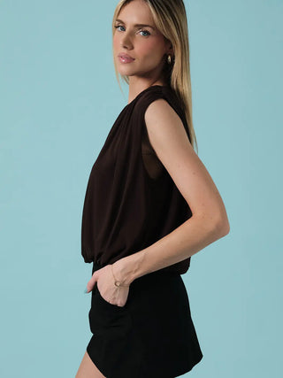 Round Neck Sleeveless Draped Mesh Top