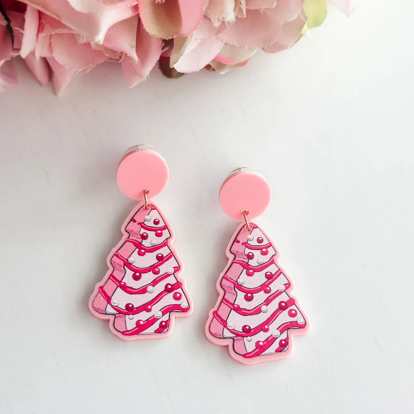 Pink Christmas Tree Dangle Earrings