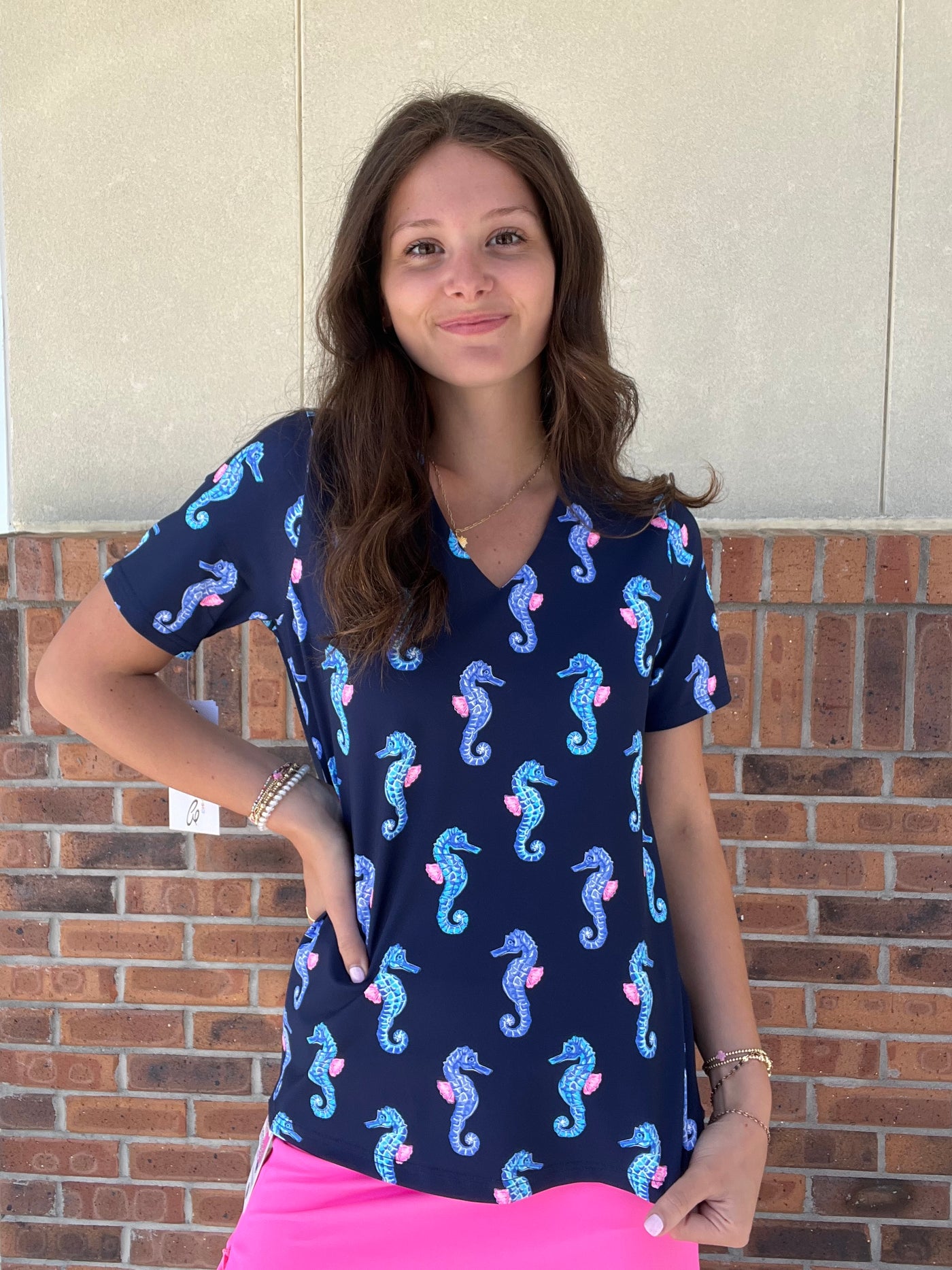 LuLu B Navy Seahorse Short Sleeve Frill Top